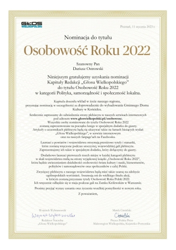 Wójt Gminy Kościelec nominowany