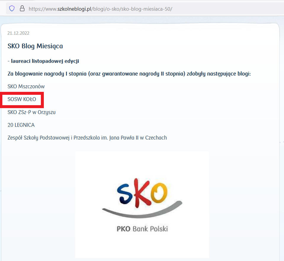 SOSW w Kole z nagrodą i tytułem laureata SKO Blog Miesiąca Listopada