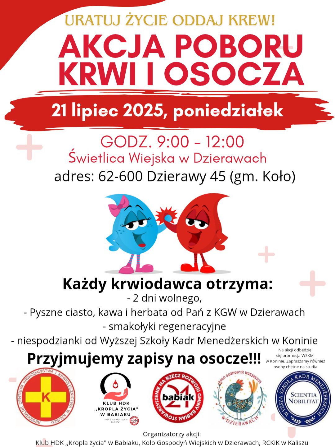 Zaproszenie na akcję poboru krwi i osocza w Dzierawach