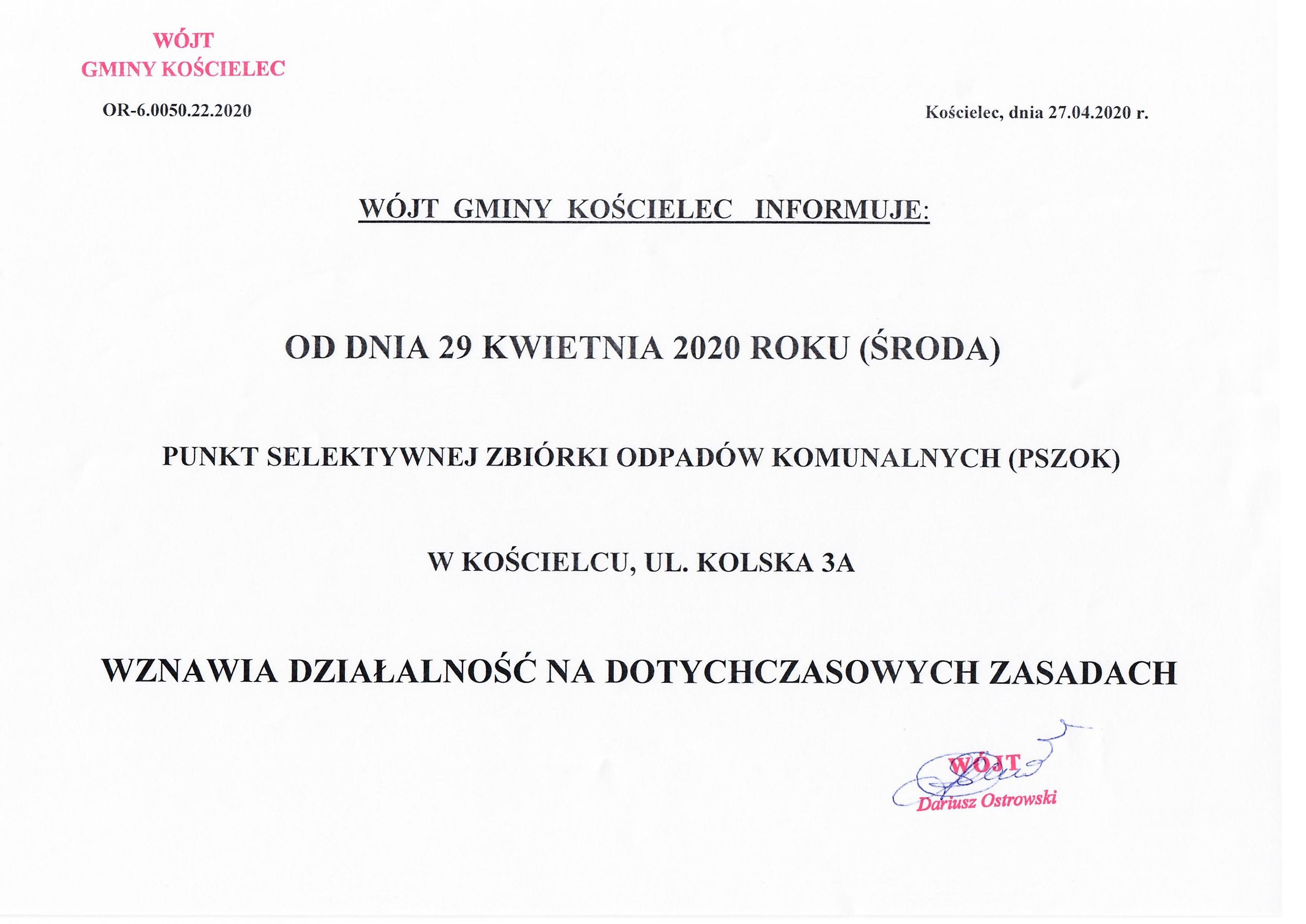 Informacja Wójta Gminy Kościelec