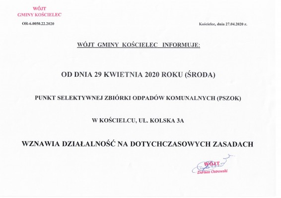 Informacja Wójta Gminy Kościelec