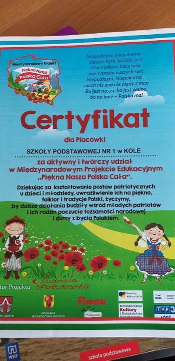 Certyfikat dla SP 1 w Kole 