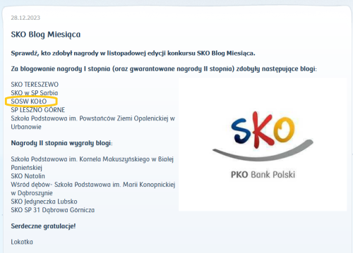 SOSW w Kole z nagrodą i tytułem laureata SKO Blog Miesiąca Listopada