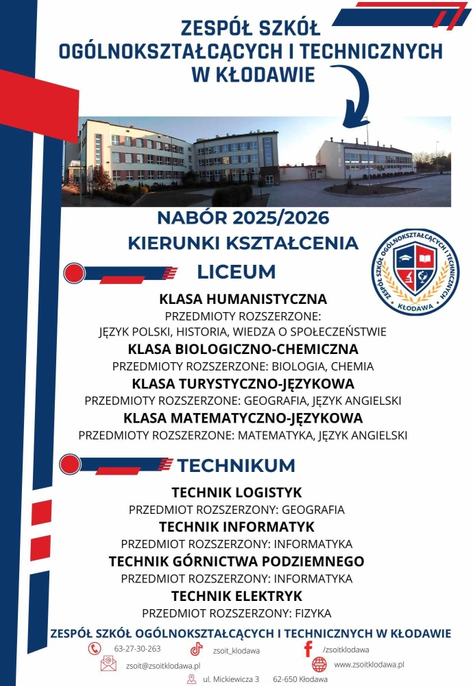 Nabór do Zespołu Szkół Ogólnokształcących i Technicznych w Kłodawie na rok 2025/2026