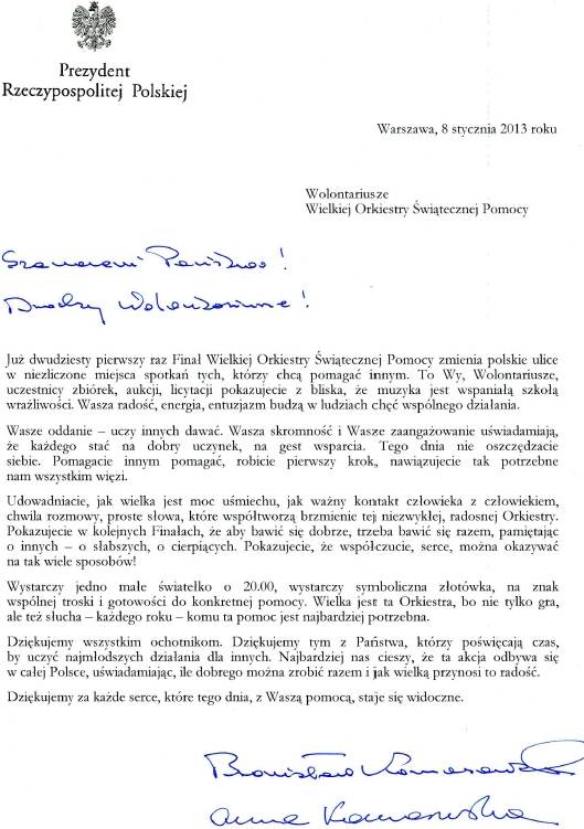List pary prezydenckiej do wolontariuszy