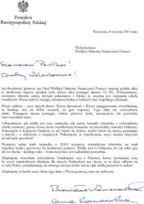 List pary prezydenckiej do wolontariuszy