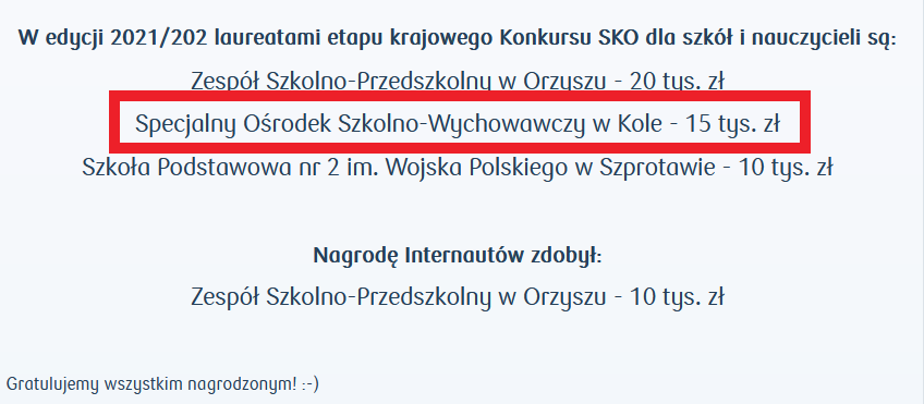 II miejsce i nagroda 15 tys. zł dla SOSW w Kole