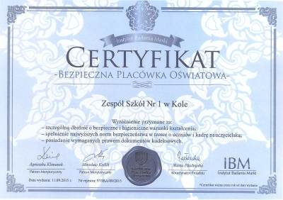 ZS nr 1 z certyfikatem Bezpieczna Placówka Oświatowa